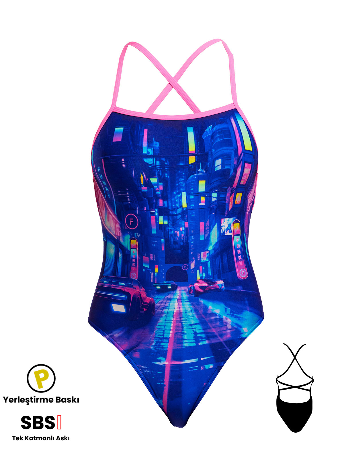 Funkita STP Cyber City Kadın Yüzme Mayosu - Çift Çapraz Sırt, Klor Dirençli, Ekolojik Tasarım